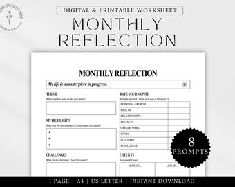 Monthly Review Template Printable Monthly Reflection Month Planner Personal Growth Worksheet Instant Download Month in a Glance Fillable PDF