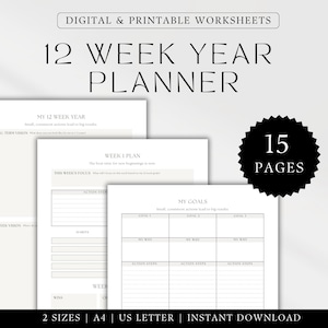 12 Week Year Planner Printable, 12 Week Template, 12 Week Planner, Quarterly Planner, 90 Day Goals, Goal Tracker, Instant Download Worksheet