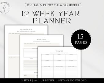 12 Week Year Planner Printable, 12 Week Template, 12 Week Planner, Quarterly Planner, 90 Day Goals, Goal Tracker, Instant Download Worksheet