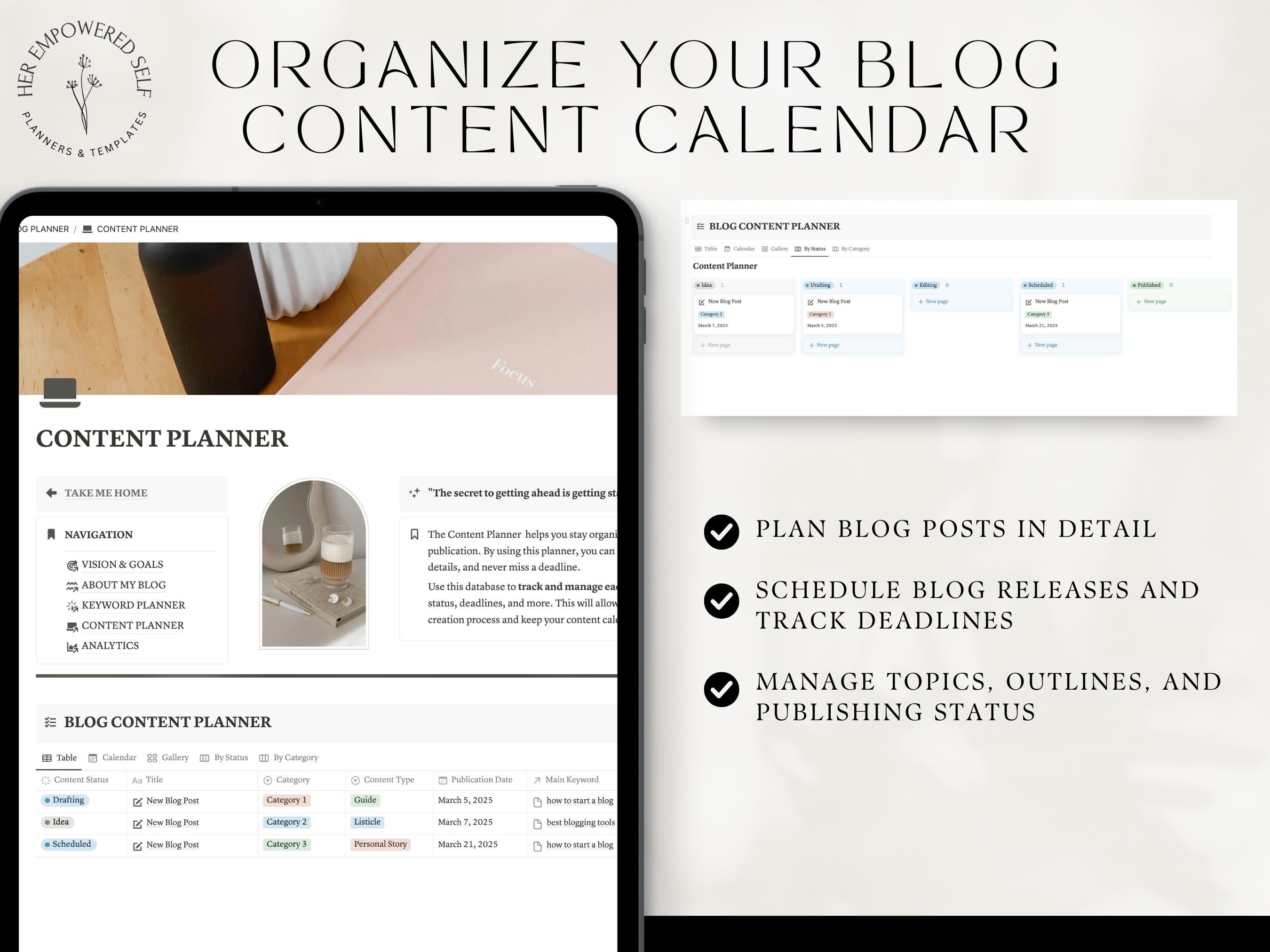Blog Planner Notion Template Aesthetic Blogger Content Calendar Blog ...