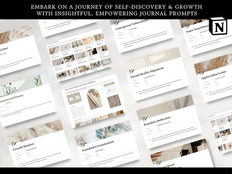 embark on a journey of self-discovery and growth with empowering journal prompts. mock-up examples of the template