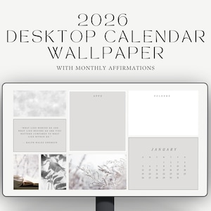 2026 Desktop Organizer Calendar Wallpaper - Aesthetic Images, Quotes, Minimalist Cozy Design - Desktop Wallpaper Organizer - Mac & Windows