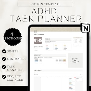 Könnte beinhalten: Eine Notion-Vorlage für einen ADHD-Aufgabenplaner mit vier Abschnitten: Aufgabenplaner, To-Do-Liste, Kalender und Schnelle Aktionen. Die Vorlage ist einfach und minimalistisch gestaltet und enthält einen Timer, eine Fortschrittsanzeige und einen Kalender.