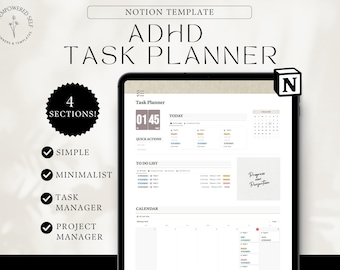 May include: A Notion template for an ADHD task planner with four sections: Task Planner, To Do List, Calendar, and Quick Actions. The template is designed to be simple and minimalist, and it includes a timer, a progress bar, and a calendar.