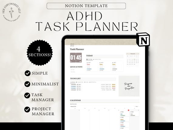 ADHD Notion Template Task Manager ADHD Digital Planner Time Tracker Simple Notion Dashboard Template 2026 Aesthetic Notion ADHD Life Planner