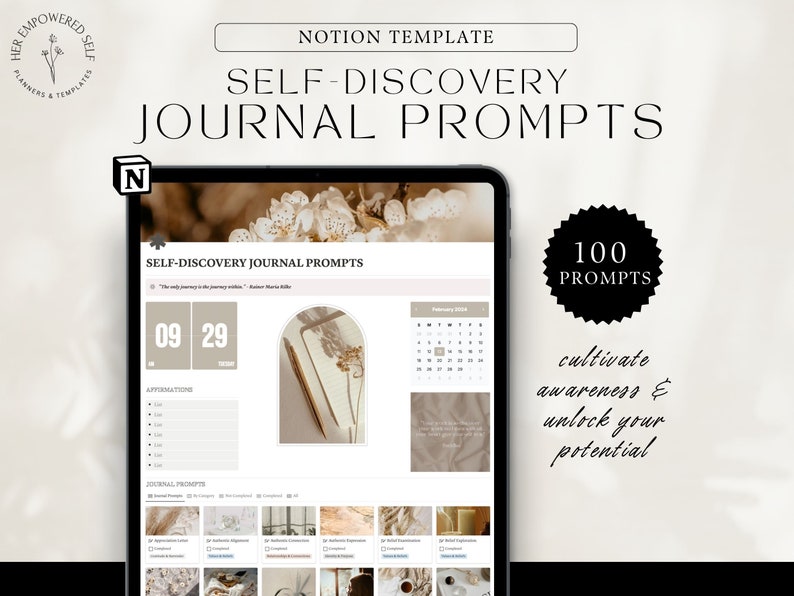 Notion template, Self-discovery journal prompts, 100 journal prompts, cultivate awareness and unlock your potential, mock-up of the notion template