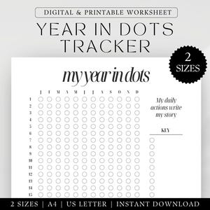 Könnte beinhalten: Ein druckbares Arbeitsblatt für einen Jahres-Punkte-Tracker. Das Arbeitsblatt hat ein Raster mit 15 Zeilen und 12 Spalten. Jede Spalte steht für einen Monat des Jahres. Das Arbeitsblatt enthält den Text "my year in dots" und "My daily actions write my story".