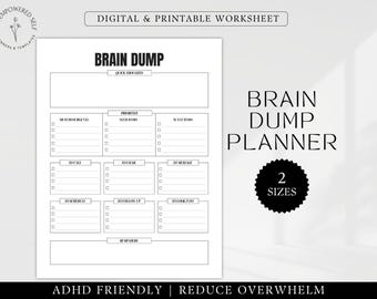 Peut inclure: Une feuille de travail de planificateur de vidage de cerveau imprimable avec des sections pour "Must Do/Should Do", "Need To Do", "Want To Do", "Focus For", "To Remember", "To Follow Up", "To Look Into", et "My Wins". La feuille de travail est intitulée "Brain Dump Planner" et "ADHD Friendly | Reduce Overwhelm".