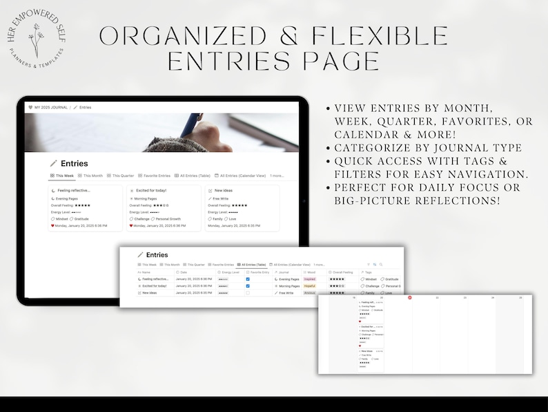 organized and flexible entries page, different views