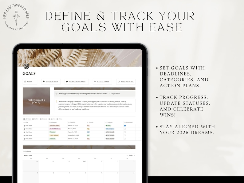 define and track your goals with ease, track progress, set goals, celebrate wins, reach your 2026 goals