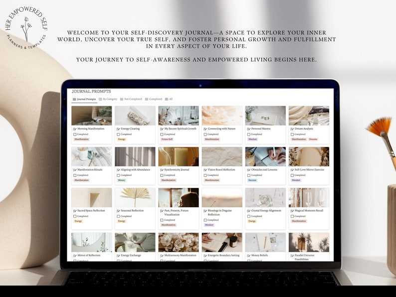 Welcome to your self-discovery journal. mock-up of laptop with self-discovery notion journal template
