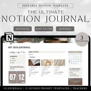 the ultimate notion journal, editable notion template, 3 databases, aesthetic, easy to use