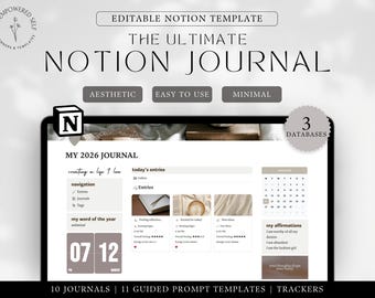 Notion Journal Template 2026 Journaling Notion Dashboard Aesthetic Notion Planner Daily Journal Prompts Guided Journal Digital Notion
