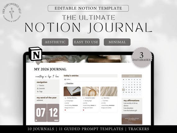 Notion Journal Template 2026 Journaling Notion Dashboard Aesthetic Notion Planner Daily Journal Prompts Guided Journal Digital Notion
