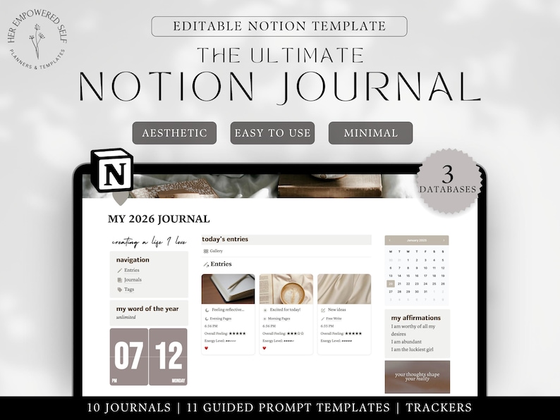 the ultimate notion journal, editable notion template, 3 databases, aesthetic, easy to use