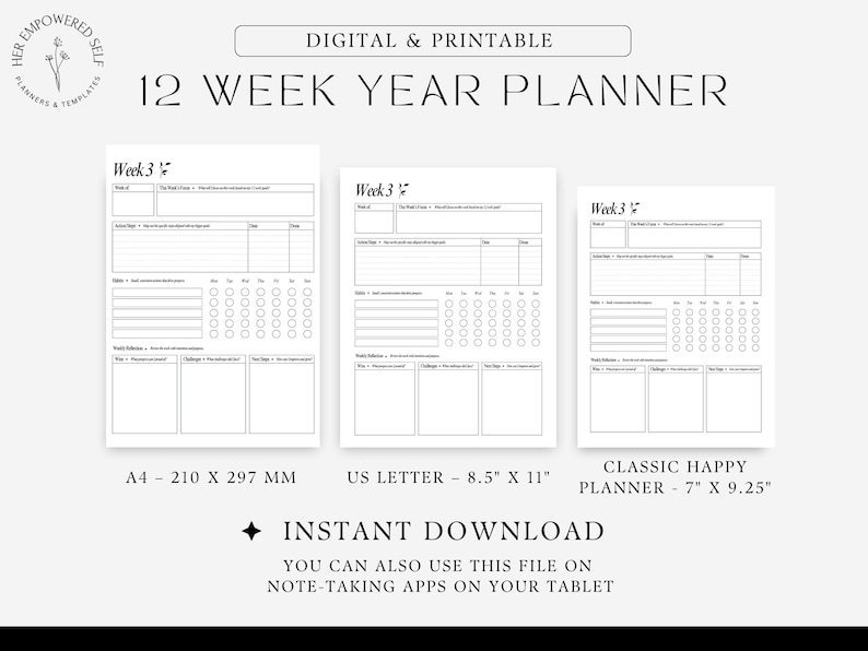 12 week year planner, instant download