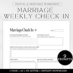 May include: A black and white printable worksheet titled "Marriage Weekly Check-In." The worksheet includes prompts for couples to reflect on their week, such as describing their week in one word and what made them laugh. The design includes the text "9 Prompts."