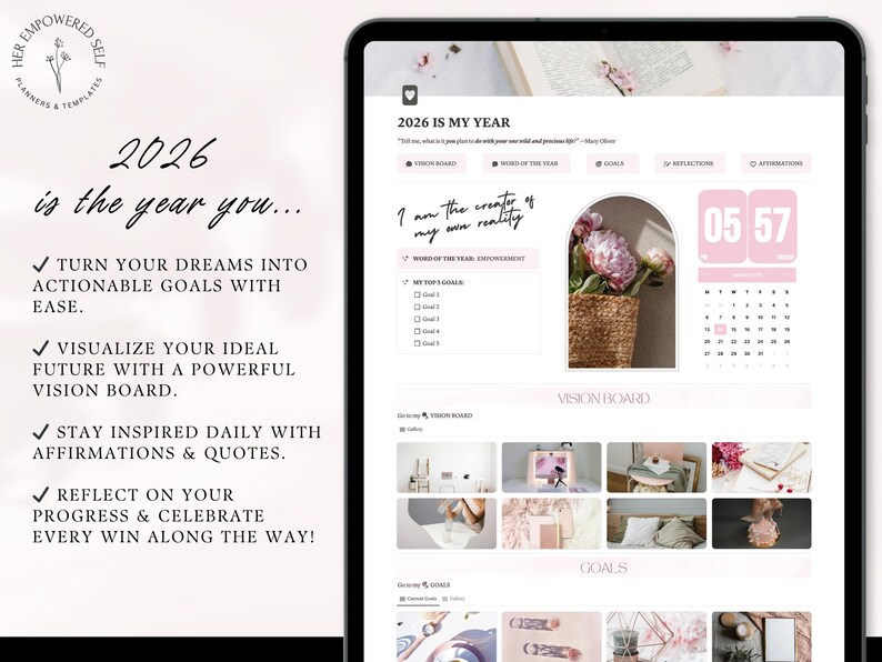 Goal Planner 2026 & Vision Board Pink Notion Template Life Planner ...