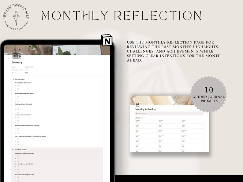 10 guided prompts for monthly reflection, monthly journaling, setting intentions and planning