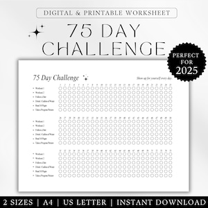 75 Day Challenge Printable PDF Aesthetic Minimalist 75-Day Fitness Template Habit Tracker 75 Day Template for 2025 US Letter A4 Landscape
