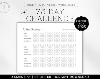 75 Day Challenge Printable PDF Aesthetic Minimalist 75-Day Fitness Template Habit Tracker 75 Day Template for 2026 US Letter A4 Landscape
