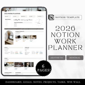 Plantilla de trabajo de Notion 2026 Planificador de trabajo Gestión de proyectos Plantilla de Notion estética Tablero de Notion de carrera Planificador de objetivos Administrador de tareas