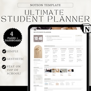 Könnte beinhalten: Eine digitale Studentenplaner-Vorlage, die auf einem Tablet angezeigt wird. Der Planer hat ein minimalistisches Design mit Abschnitten für Ziele, Zeitplan, Kurse und Aufgaben. Der Text enthält "Ultimate Student Planner" und "Simple, Aesthetic, Stay on Top of School!"