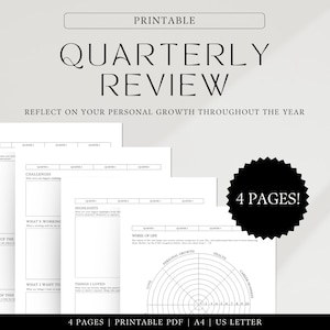 Revisión trimestral - Indicaciones de reflexión guiada - Carta estadounidense A4 imprimible - Reflexión de objetivos trimestrales - Planificador de objetivos de 90 días - Crecimiento personal