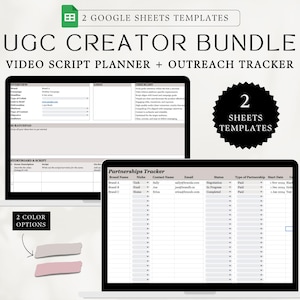 Puede incluir: Dos plantillas de Google Sheets para creadores de UGC. La primera hoja es un planificador de guiones de vídeo con secciones para la descripción general, los materiales, el guion gráfico y el guion. La segunda hoja es un rastreador de asociaciones con columnas para el nombre de la marca, el nicho, el nombre del contacto, el correo electrónico, el estado, el tipo de asociación, la fecha de inicio y las notas.