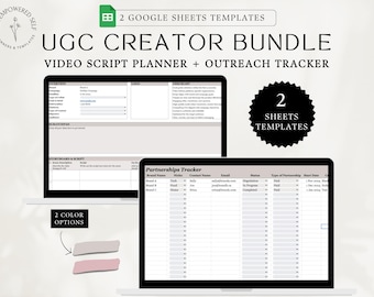 Op de afbeelding: Twee Google Sheets-sjablonen voor UGC-makers. Het eerste blad is een video-scriptplanner met secties voor overzicht, materialen, storyboard en script. Het tweede blad is een partnerschapstracker met kolommen voor merknaam, niche, contactpersoon, e-mail, status, type partnerschap, startdatum en notities.