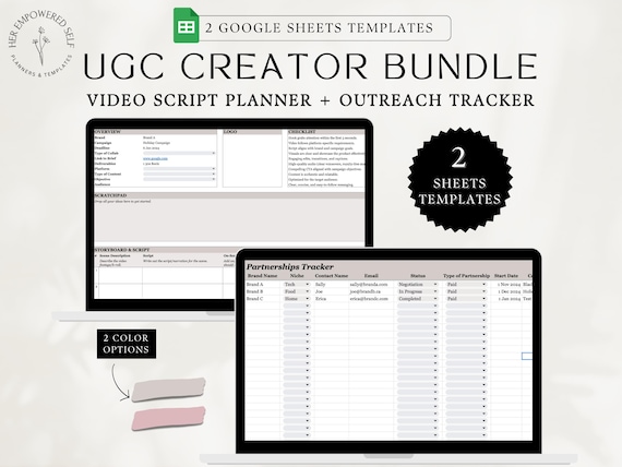 UGC Creator Bundle Video Script Planner UGC Outreach Tracker Partnerships Tracker Google Sheets Spreadsheet for UGC Creators & Influencers