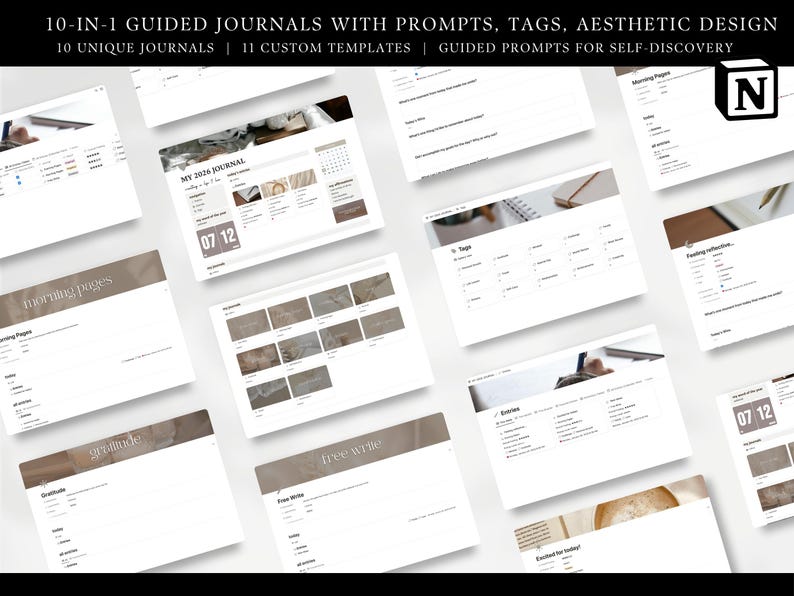 10 in 1 guided journals with prompts, tags, aesthetic design, unique journals, custom templates, journal prompts for self discovert