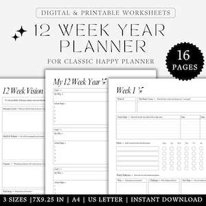 Könnte beinhalten: Druckbare 12-Wochen-Jahresplaner-Arbeitsblätter für einen klassischen Happy Planner. Die Arbeitsblätter enthalten Abschnitte für Zielsetzung, Aktionsschritte, wöchentliche Reflexion und Gewohnheiten. Der Planer ist in drei Größen erhältlich: 7x9,25 Zoll, A4 und US Letter.