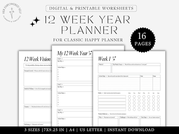 12 Week Year Planner Printable for Happy Planner Classic 90 Day Goals Template 12 Week Planner Quarter Planner Goal Setting Printable