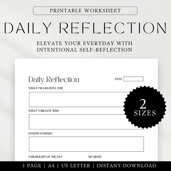 Daily Review Worksheet - Evening Reflection Printable - End of Day Review - Self-Reflection Journal - Printable PDF - Instant Download