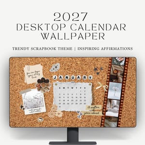 Könnte beinhalten: Ein 2027 Desktop-Kalender-Hintergrundbild auf einem Monitor. Das Design zeigt einen Kork-Hintergrund mit einem Januar-Kalenderblatt, Filmstreifen-Fotos, Papiernotizen mit Text sowie kleinen dekorativen Symbolen und floralen Elementen.