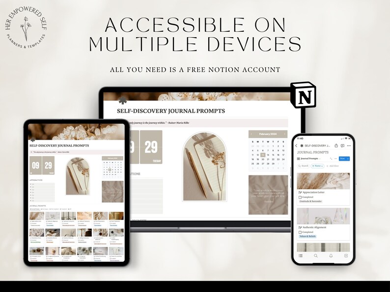 accessible on multiple devices, notion account, notion template, journal prompts