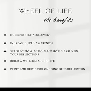 benefits include holistic self-assessment, self-awareness, goal-setting, reflection, balanced life, printable