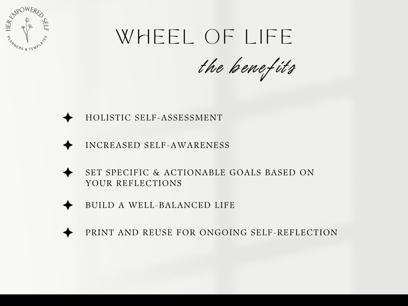 benefits include holistic self-assessment, self-awareness, goal-setting, reflection, balanced life, printable
