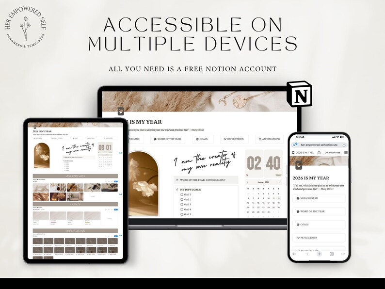 accessible on multiple devices, all you need is a free notion account, use on desktop, mobile, tablet, ipad