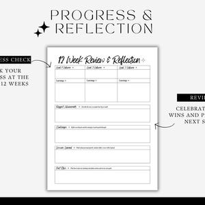 progress and reflection, journal prompts, progress check, review, 12 week review mock up