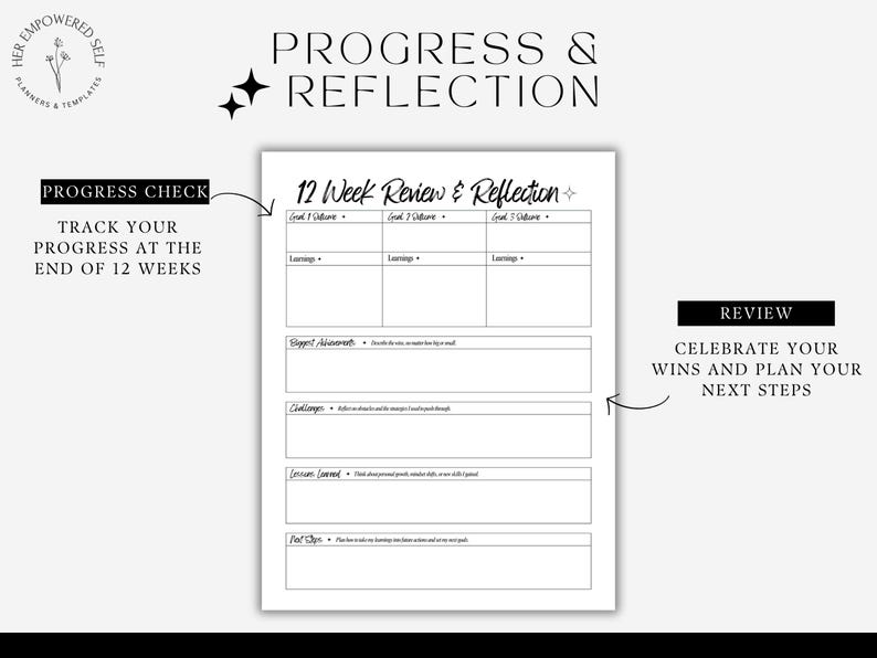 progress and reflection, journal prompts, progress check, review, 12 week review mock up