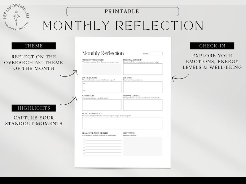 Monthly Reflection, Word of the month, Personal Check-in, highlights, printable pdf