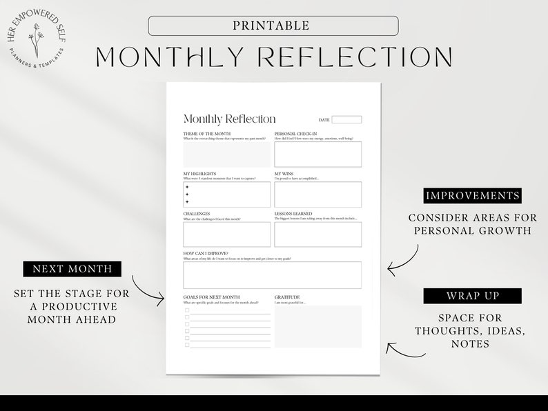 Monthly reflection, monthly review, personal growth, monthly journal, personal growth worksheets