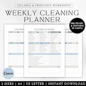 Könnte beinhalten: Druckbarer wöchentlicher Reinigungsplaner-Arbeitsblatt mit drei Seiten. Die Seiten sind in Abschnitte für Montag, Dienstag, Mittwoch, Donnerstag, Freitag, Samstag und Sonntag unterteilt. Der Planer soll Ihnen helfen, organisiert zu bleiben und Ihre Reinigungsaufgaben zu erledigen. Der Planer ist in zwei Größen erhältlich: A4 und US Letter. Der Planer ist auch vorab ausgefüllt und in Canva bearbeitbar.