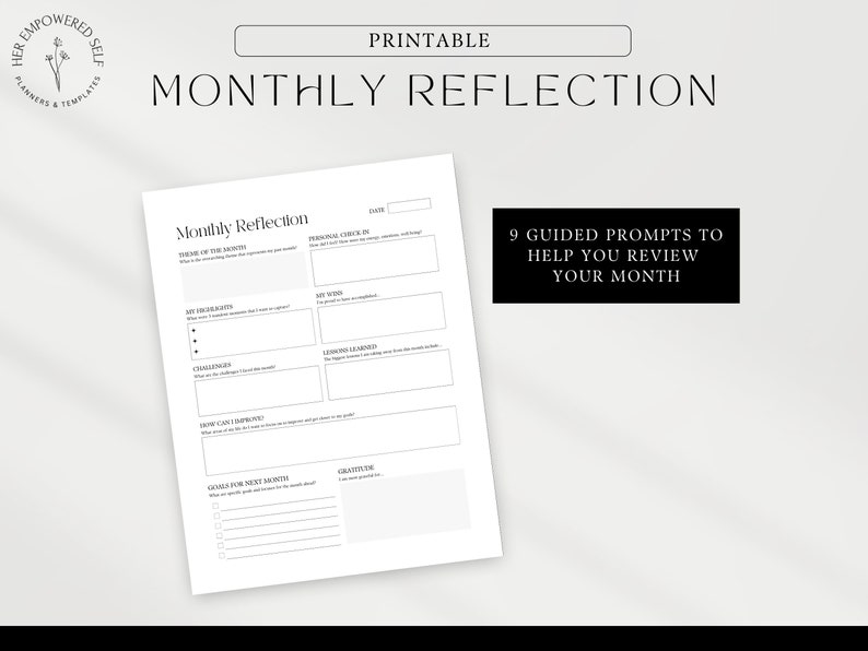 Monthly Review Printable - Monthly Reflection - Monthly Planner - Self-Improvement Worksheet - Journal Prompts - Guided Prompts
