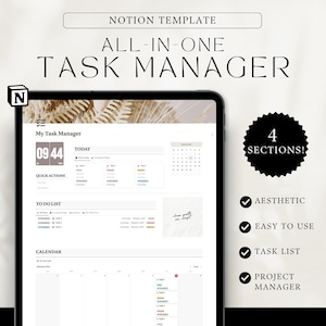 Könnte beinhalten: Ein Screenshot einer Notion-Vorlage für einen Aufgabenmanager. Die Vorlage ist in vier Abschnitte unterteilt: Mein Aufgabenmanager, To-Do-Liste, Kalender und Schnelle Aktionen. Die Vorlage ist so konzipiert, dass sie ästhetisch ansprechend und einfach zu bedienen ist. Der Text "4 Abschnitte!" wird in einem Kreis oben rechts im Bild angezeigt. Der Text "Ästhetisch", "Einfach zu bedienen", "Aufgabenliste" und "Projektmanager" wird in einem Kontrolllistenformat rechts im Bild angezeigt.