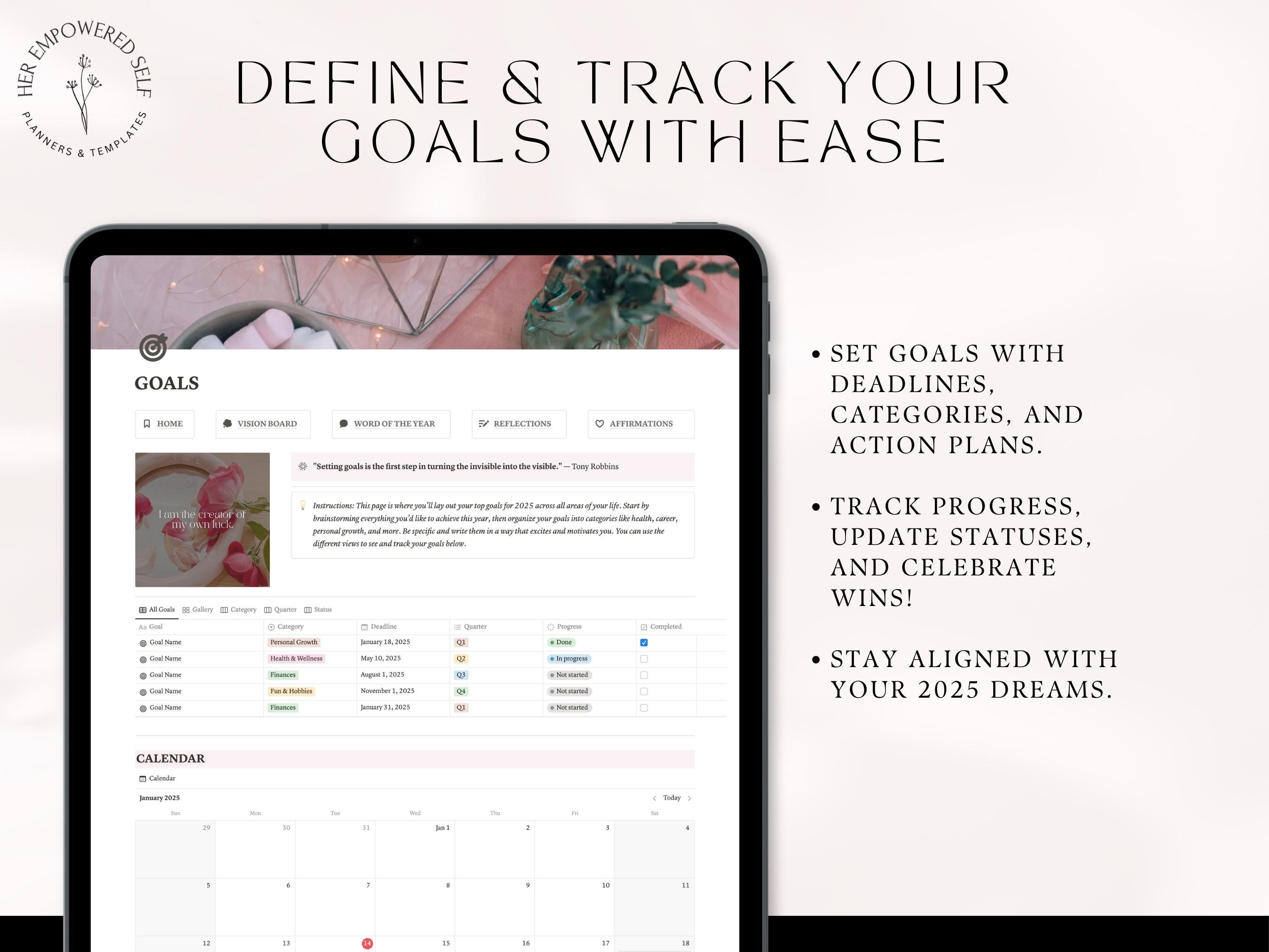 Goal Planner 2026 & Vision Board Pink Notion Template Life Planner ...