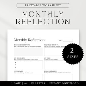 Revisión mensual imprimible - Reflexión mensual - Planificador mensual - Hoja de trabajo de superación personal - A4 y carta de EE. UU. - Descarga instantánea de PDF