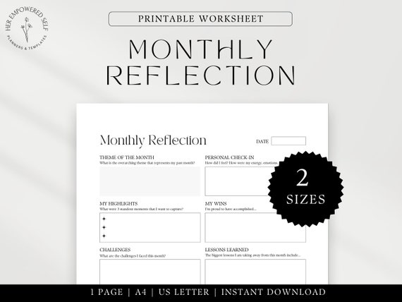 Monthly Review Printable - Monthly Reflection - Monthly Planner - Self-Improvement Worksheet - A4 & US Letter - Instant Download PDF